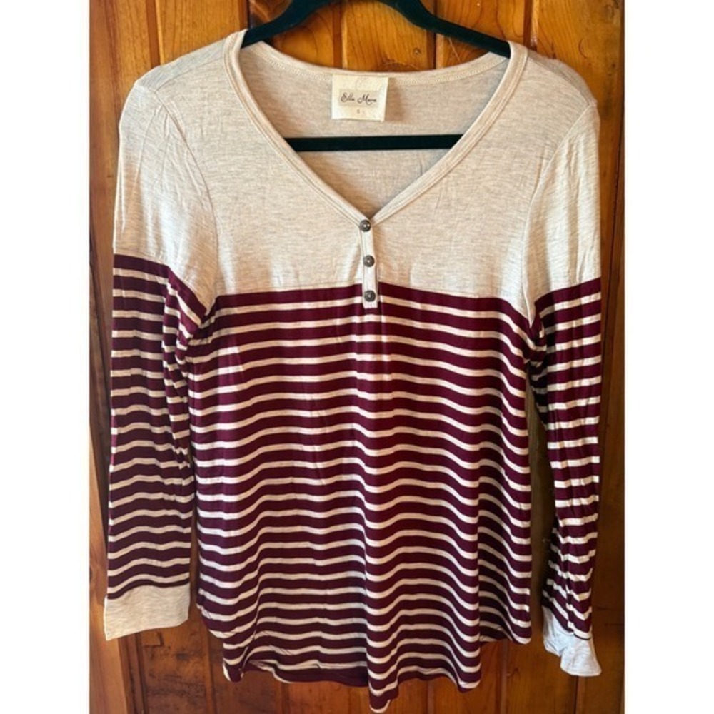 Ella‎ Mara  Henley Long Sleeve Striped Colorblock Top Burgundy Oatmeal  Large